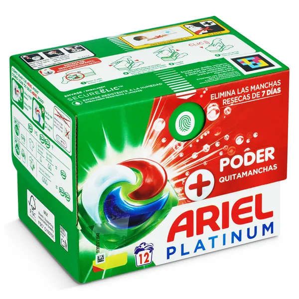 Detergente máquina cápsulas quitamanchas Ariel caja 12 lavados
