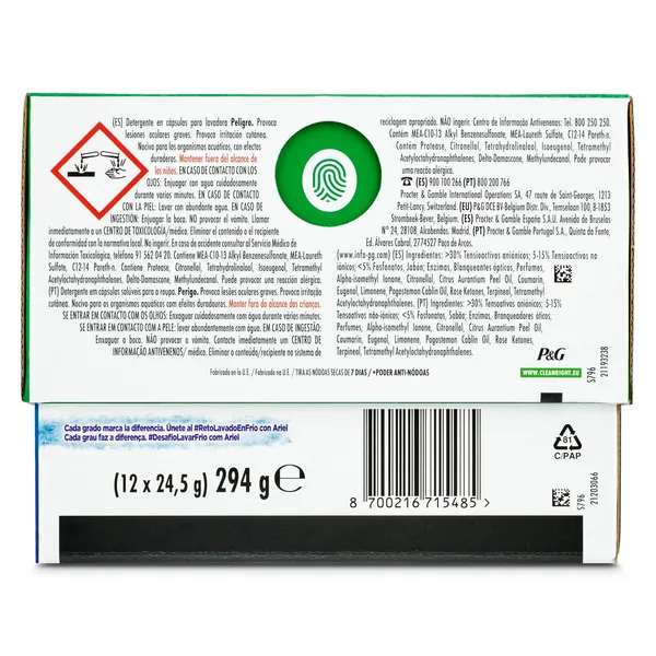 Detergente máquina cápsulas quitamanchas Ariel caja 12 lavados 3
