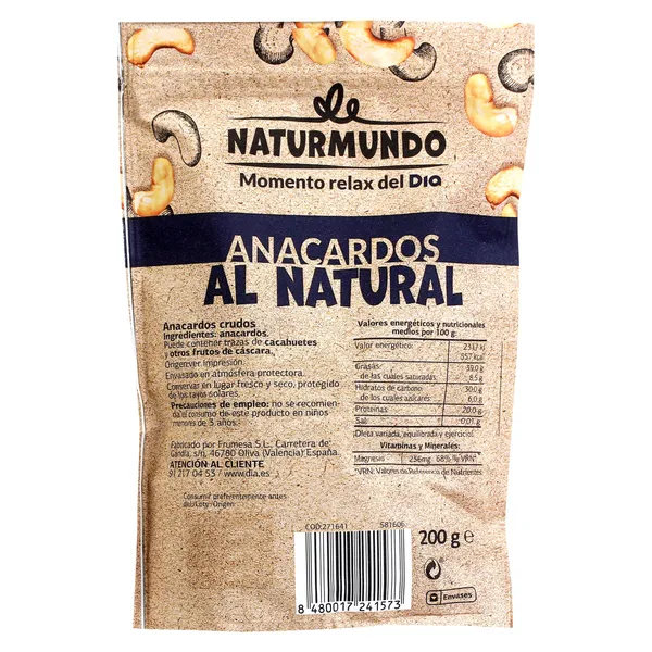 Anacardos al natural Dia Naturmundo 200 g 3