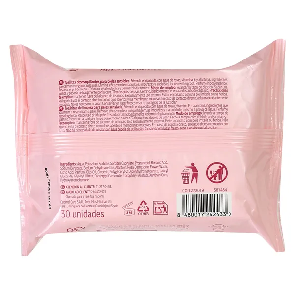 Toallitas desmaquillantes para pieles sensibles con extractos de rosas Dia Imaqe 30 unidades 5