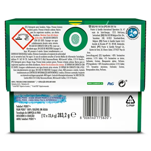 Detergente máquina cápsulas todo en uno active Ariel caja 12 lavados 2