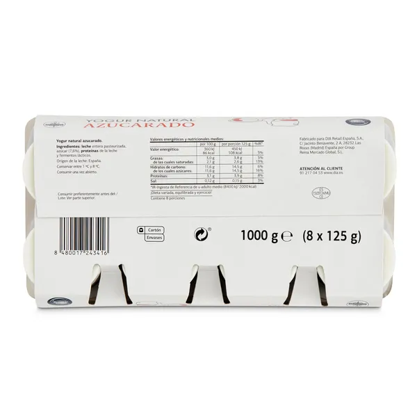 Yogur natural azucarado Dia Láctea pack 8 x 125 g 3