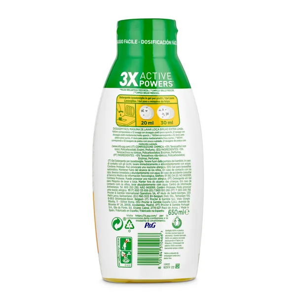 Lavavajillas máquina gel limón Fairy botella 32 lavados 650 ml 2