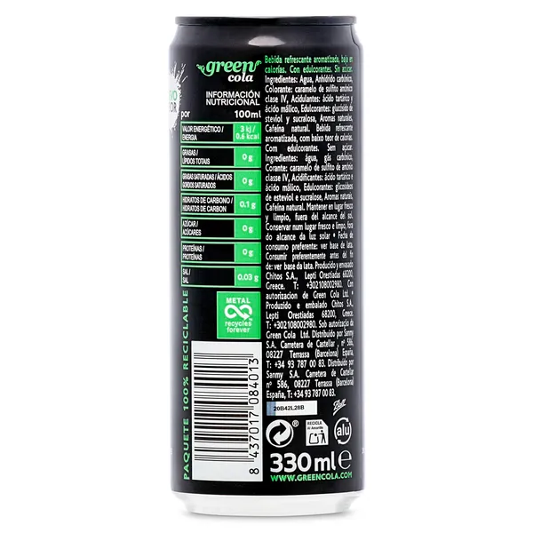 Refresco de cola zero azúcar Green cola lata 33 cl 2