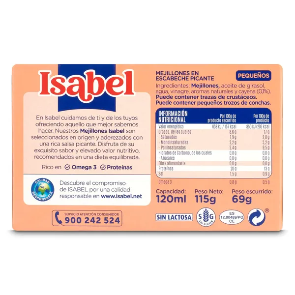 Mejillones picantes 13/18 piezas Isabel lata 69 g 3