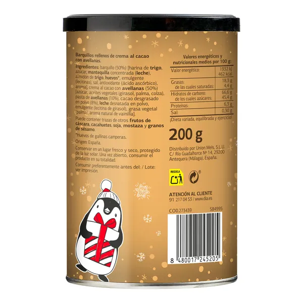 Barquillos rellenos de crema de cacao con avellanas  Dulce Noel Dia lata 200 g 2