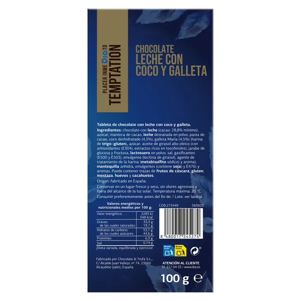 Chocolate con leche con coco y galleta Temptation de Dia 100 g 2
