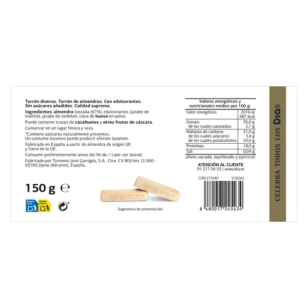 Turrón de crema de almendras sin azúcar Dulce Noel Dia caja 150 g 3