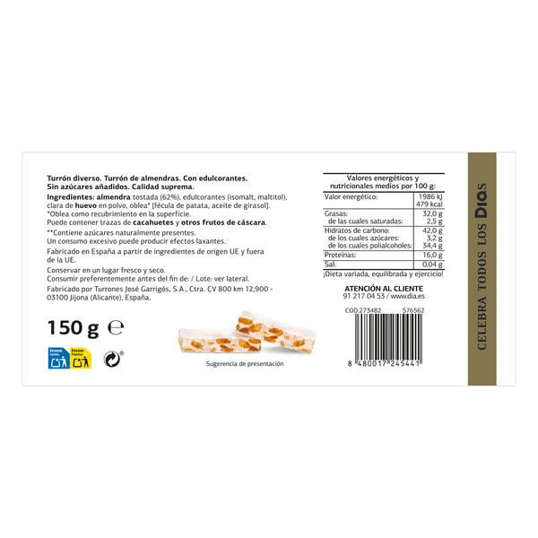 Turrón imperial de almendras sin azúcar Dulce Noel Dia caja 150 g 3