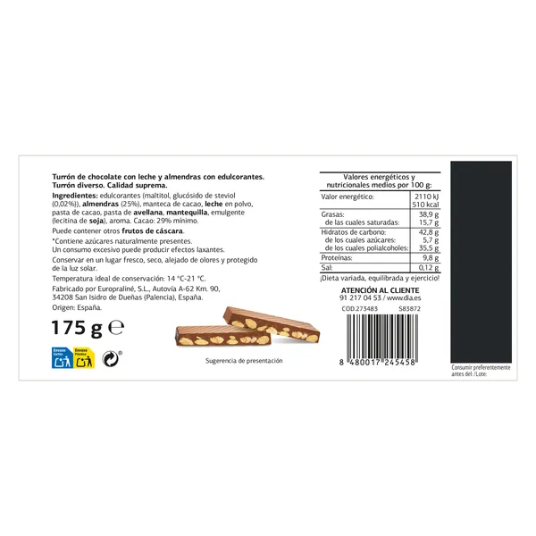 Turrón de chocolate con almendras sin azúcar Dulce Noel Dia caja 175 g 3