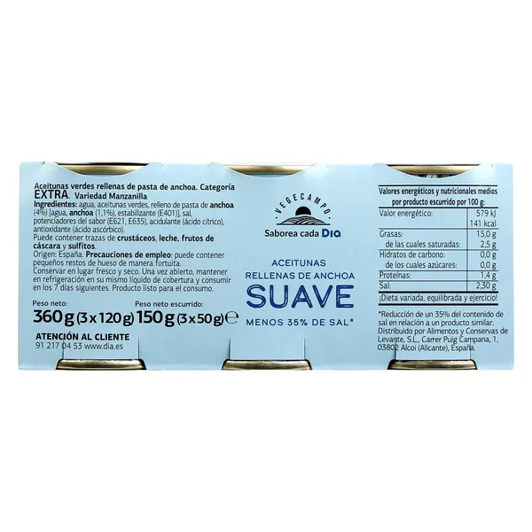 Aceitunas rellenas de anchoa suave Dia Vegecampo 3 x 50 g 4
