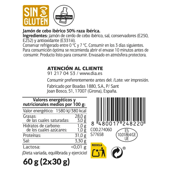Pizcas de jamón de cebo 50 % raza ibérica Dia Nuestra Alacena 60 g 3