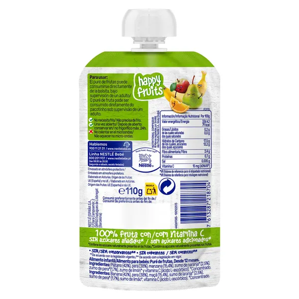 Postre lácteo infantil con puré de 4 frutas happy fruits Nestlé bolsa 110 g 2