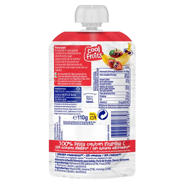Puré de plátano y fresa cool fruits Nestlé bolsa 110 g 2