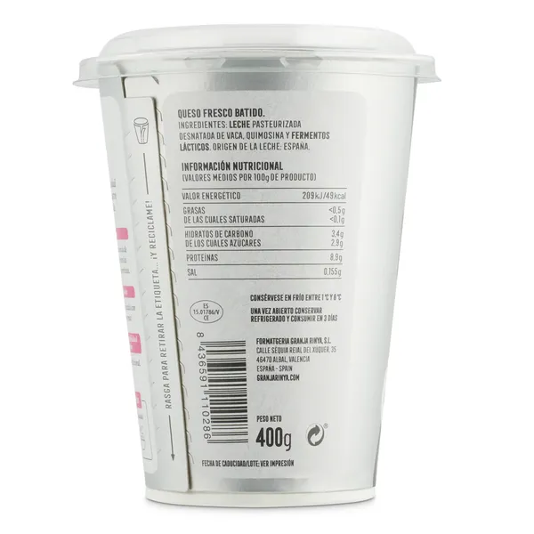 Queso fresco batido rico en proteínas Granja Rinya tarrina 400 g 2