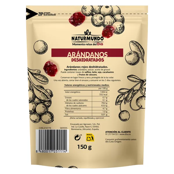 Arándanos rojos deshidratados Dia Naturmundo bolsa 150 g 2