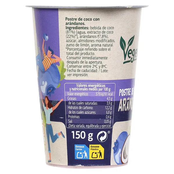Postre vegetal de arándano con bebida de coco Vegedia vaso 150 g 3