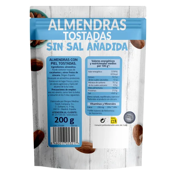 Almendras tostadas con piel sin sal Naturmundo de Dia bolsa 200 g 2