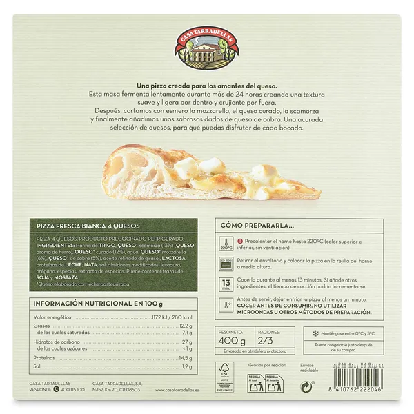 Pizza artesana bianca 4 quesos Casa Tarradellas 400 g 4