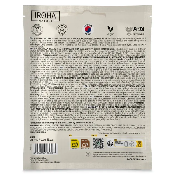 Mascarilla facial hidratante con aguacate y ácido hialurónico Iroha nature 1 unidad 3