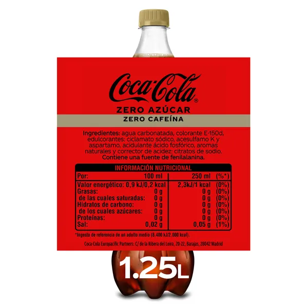Refresco de cola zero azúcar zero cafeína Coca-Cola botella 1.25 L 2
