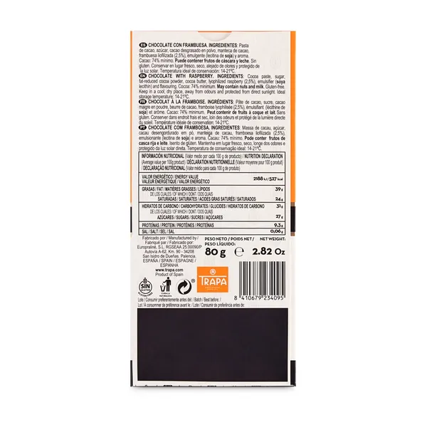 Chocolate 74% cacao con frambuesa Trapa 80 g 2