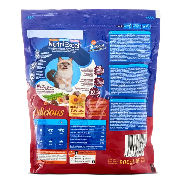 Alimento para gatos con pollo y pavo rellenas de jamón Brekkies Delicious 900 g 3