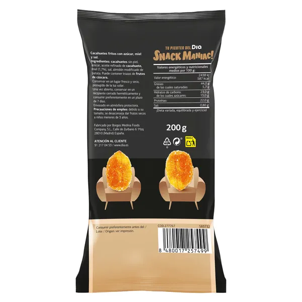 Cacahuetes fritos con miel Snack Maniac de Dia bolsa 200 g 2