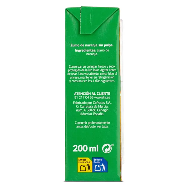 Zumo de naranja sin pulpa Dia Saborfera pack 3 x 200 ml 4