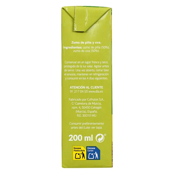 Zumo de piña y uva 100% Saborfera de Dia brik 3 x 200 ml 4