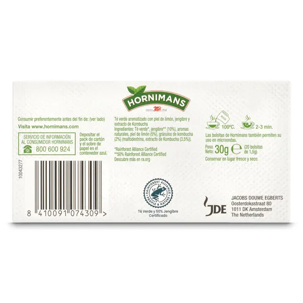 Té verde kombucha con jengibre y limón Hornimans caja 20 unidades 3
