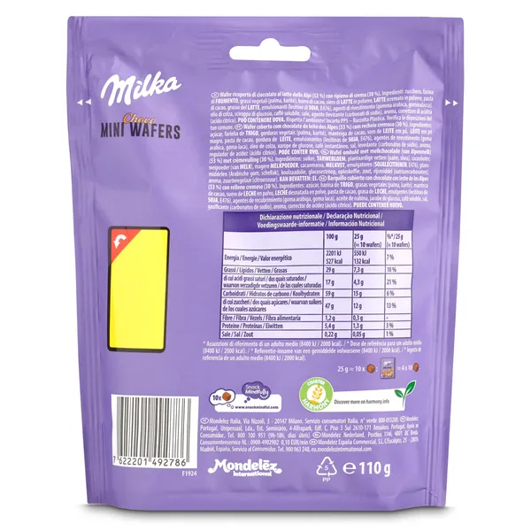 Galletas de barquillo recubiertas de chocolate mini wafers Milka bolsa 110 g 2