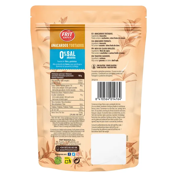 Anacardos tostados sin sal Frit ravich bolsa 110 g 2