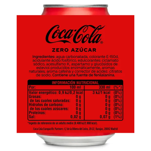 Refresco de cola zero azúcar Coca-Cola lata 33 cl 2