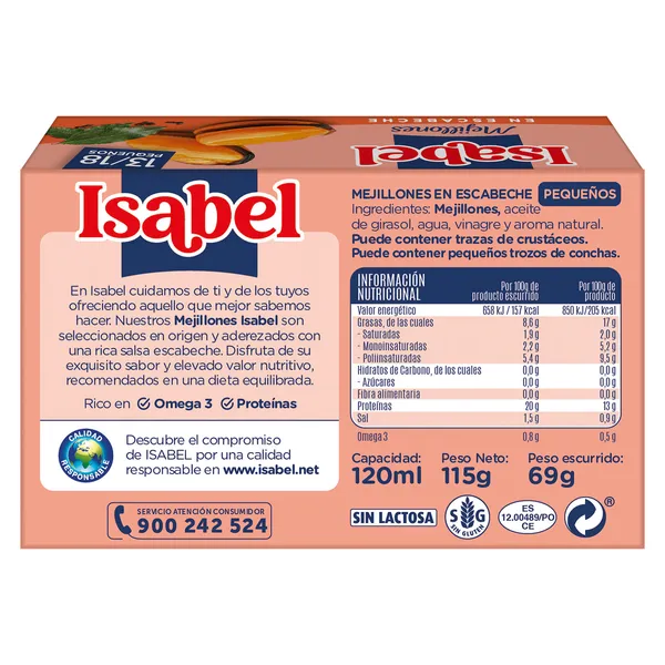 Mejillones en escabeche 13/18 piezas Isabel lata 69 g 3