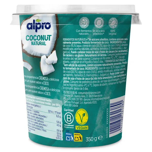 Postre vegetal de coco natural Alpro tarrina 350 g 4