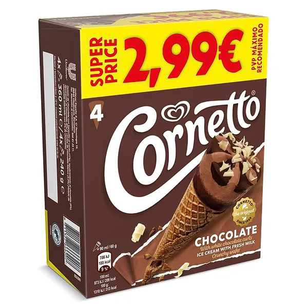 Helado cono de chocolate Cornetto 4 x 60 g