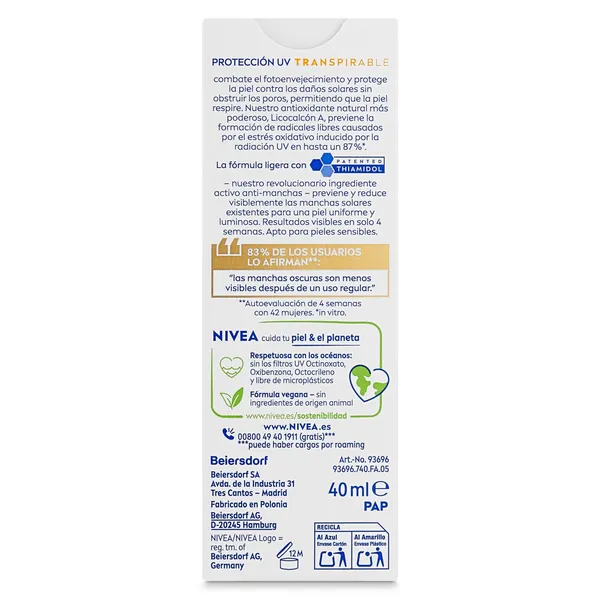 Protección solar facial fluido antimanchas spf 50+ Nivea tubo 40 ml 4
