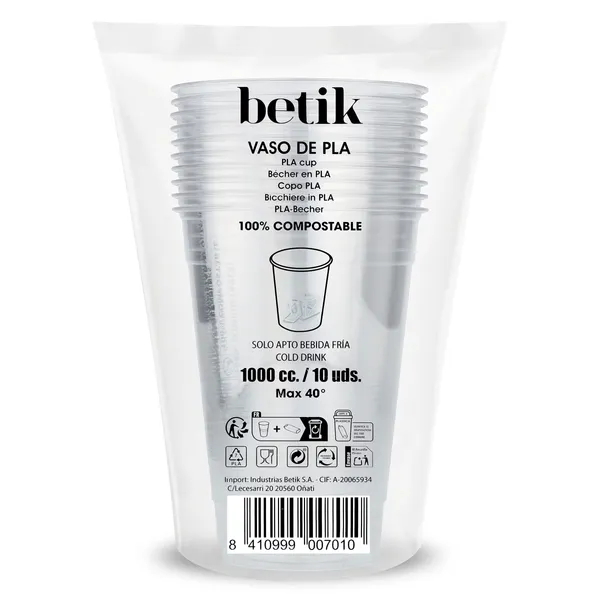Vasos desechables compostable de 1 lt Betik bolsa 10 unidades