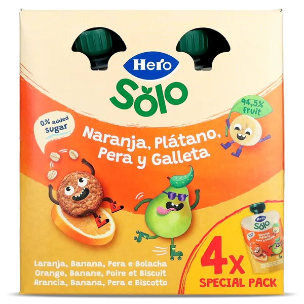 Alimento infantil con puré naranja, plátano, pera y galleta Hero bolsa 4 x 100 g 2