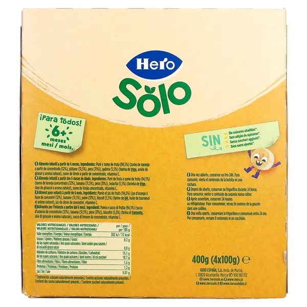 Alimento infantil con puré naranja, plátano, pera y galleta Hero bolsa 4 x 100 g 3