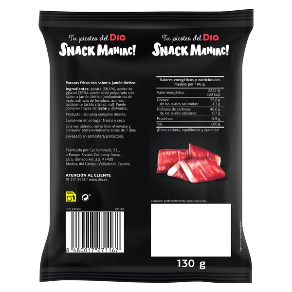 Patatas fritas sabor jamón ibérico Dia Snack Maniac 130 g 3