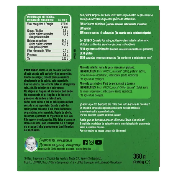 Puré de pera, manzana y plátano Gerber bolsa 4 x 90 g 4