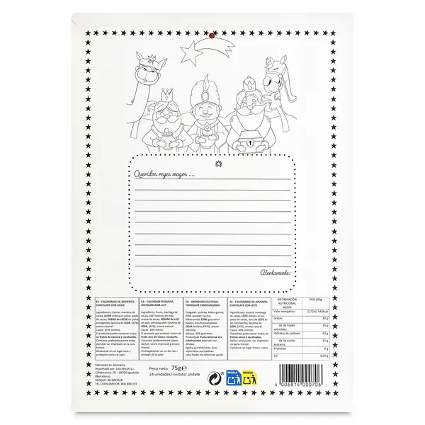 Calendario de adviento chocolate con leche reyes magos Muller & Muller caja 75 g 2