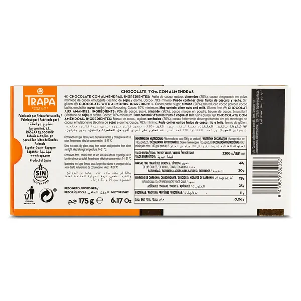 Chocolate negro 70% con almendras Trapa 175 g 3