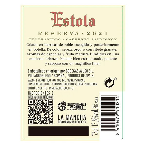 Vino tinto reserva D.O. La Mancha Estola botella 75 cl 2