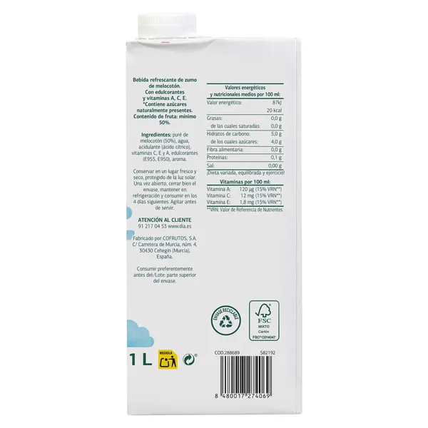 Bebida de zumo de melocotón sin azúcares añadidos Dia Saborfera 1 L 4