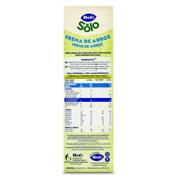 Papilla crema de arroz sin azúcares añadidos Hero caja 220 g 3