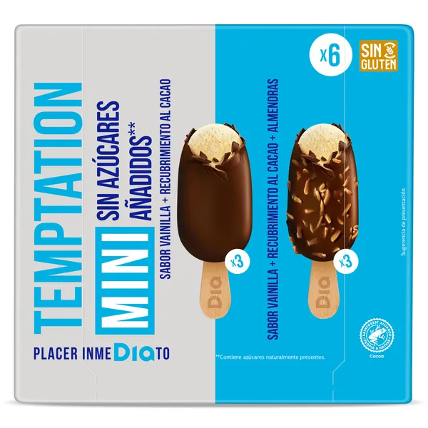 Helado mini bombón sin azúcar clásico y almendrado Dia Temptation 6 x 36 g 2