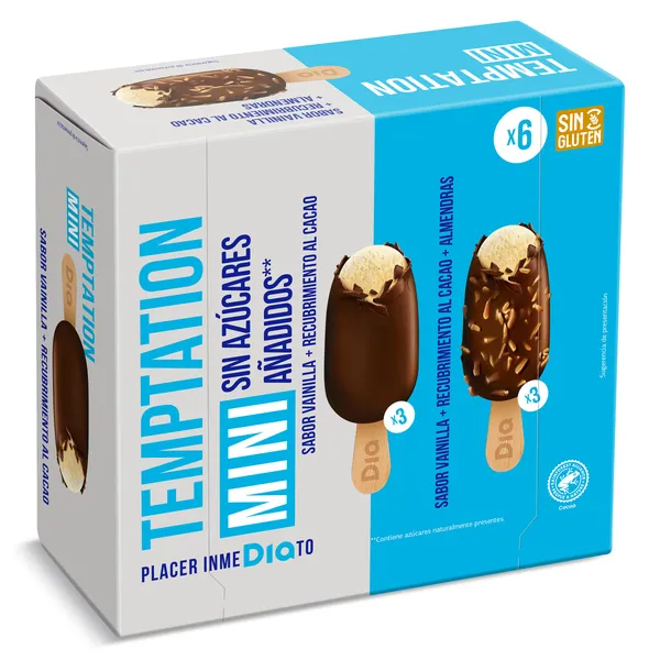 Helado mini bombón sin azúcar clásico y almendrado Dia Temptation 6 x 36 g 3